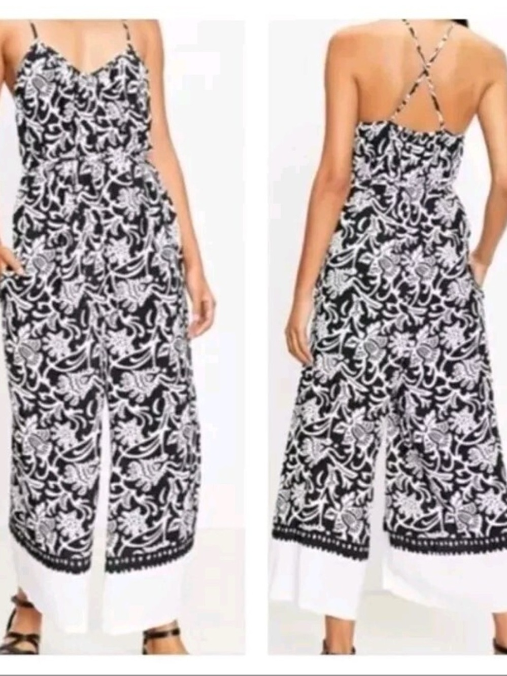 LOFT Petite Black White Floral Cropped Jumpsuit XXSP Wide Leg Rayon